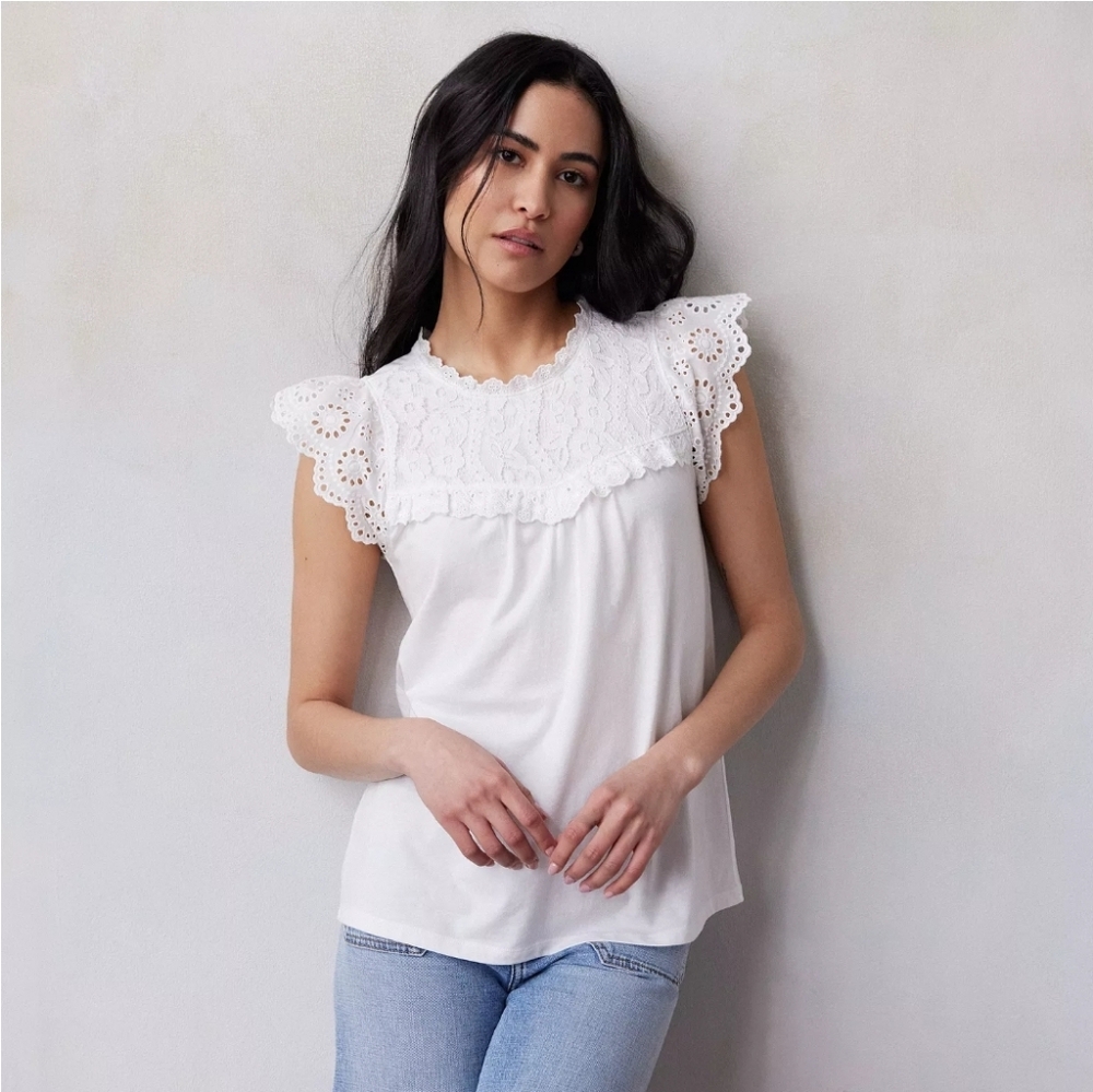 LC Lauren Conrad White Mixed Media Flutter Sleeve Tank Top Women's Petite Small